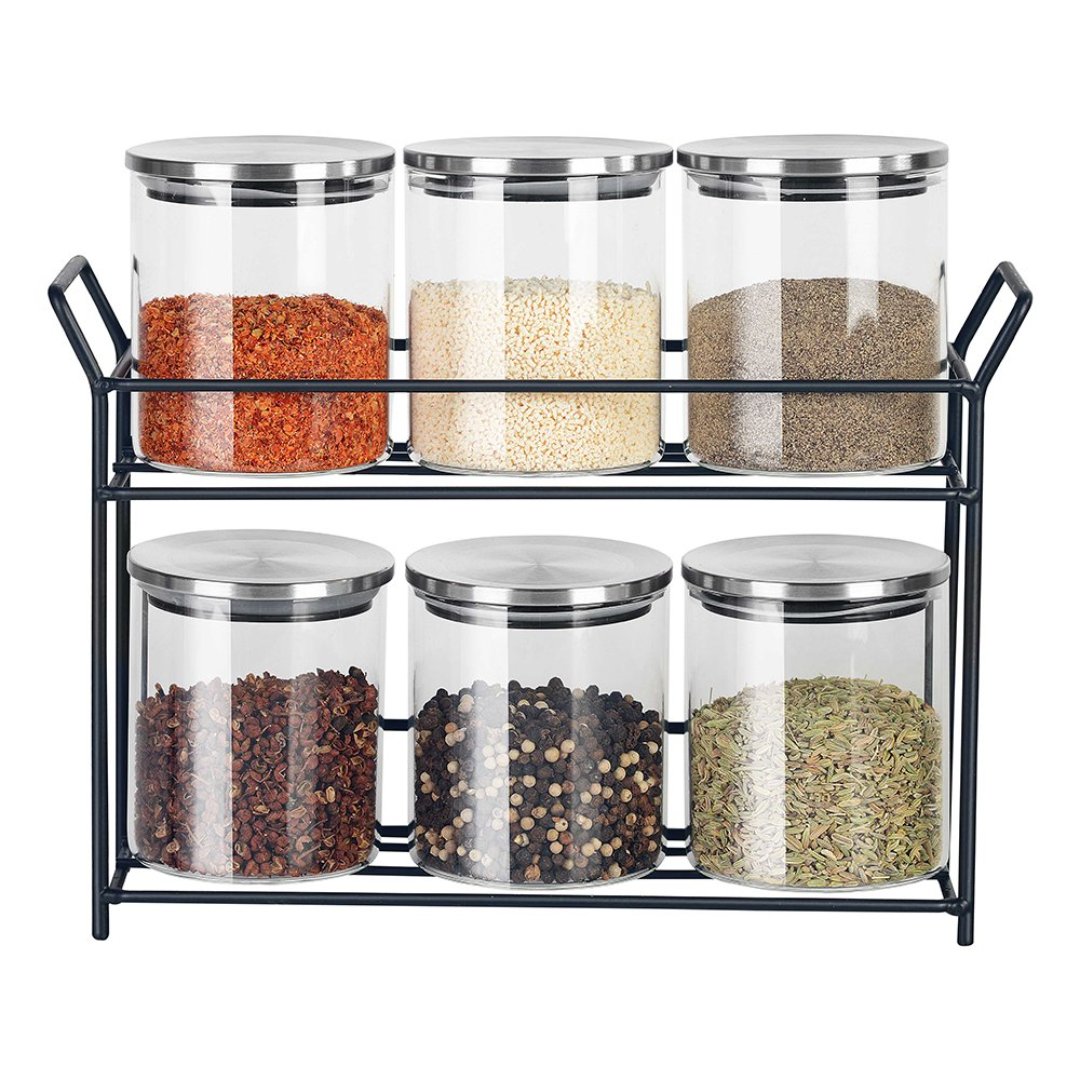 Imagem ilustrativa para Jogo de 6 porta condimentos em vidro borossilicato com tampa e suporte em metal 350ml Ø8xA9cm