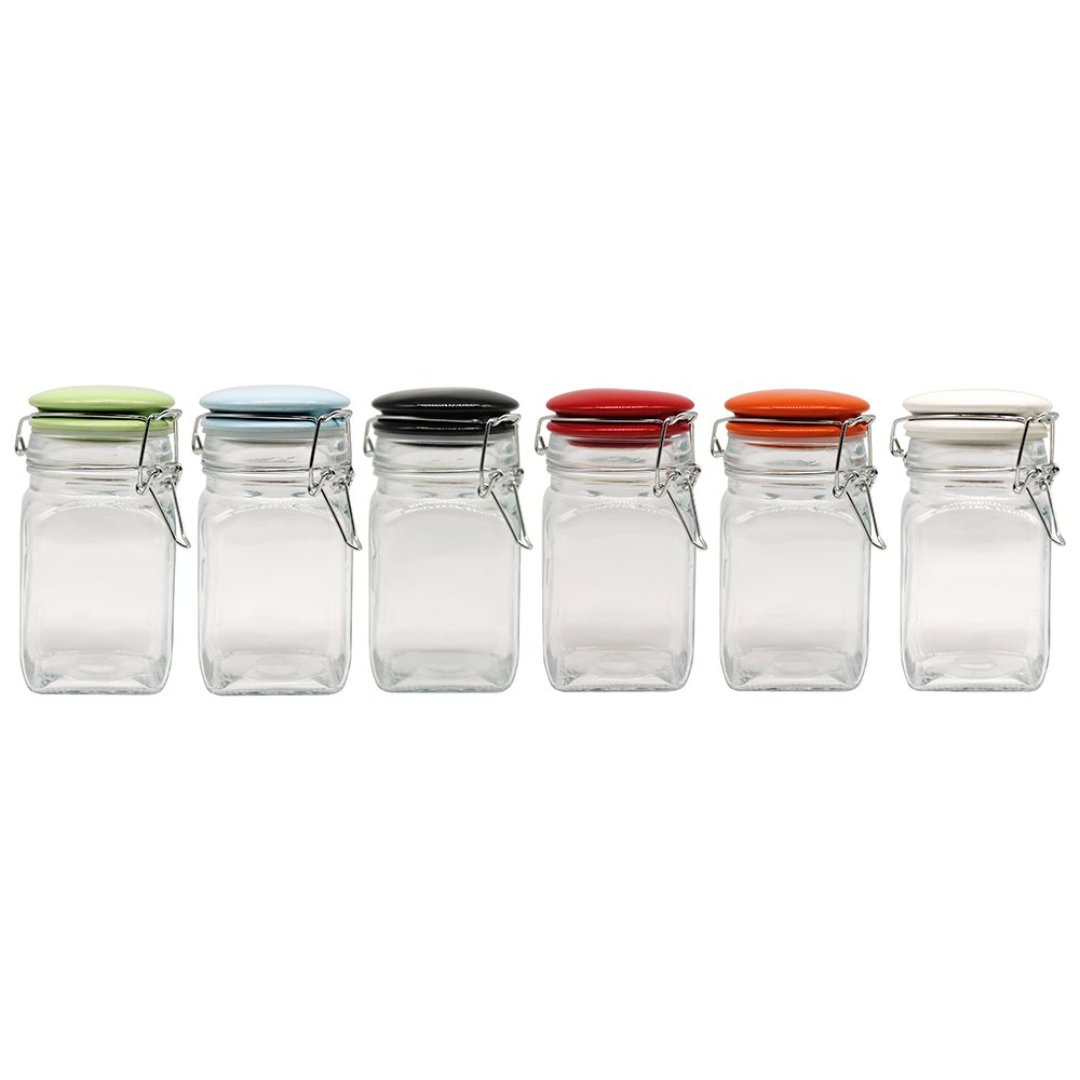 Imagem ilustrativa para Jogo de 6 porta mantimentos em vidro com tampa colorida e trava 250ml Ø6,5xA12cm