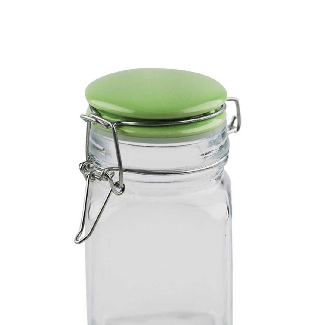 Fotografia para o produto Jogo de 6 porta mantimentos em vidro com tampa colorida e trava 250ml Ø6,5xA12cm