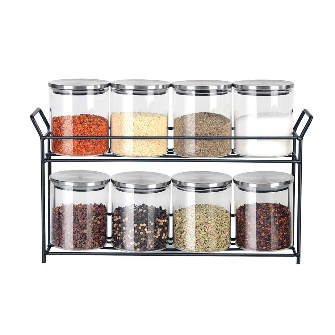 Imagem ilustrativa para Jogo de 8 porta condimentos em vidro borossilicato com tampa e suporte em metal 350ml Ø8xA9cm