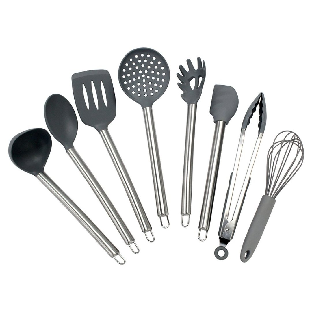 Imagem ilustrativa para Jogo de 8 utensílios em silicone com hastes em inox cor cinza