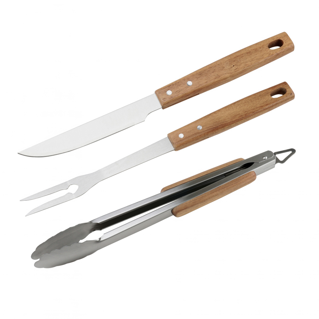 Imagem ilustrativa para Jogo para churrasco 3 peças (garfo, pegador e faca) em aço inox com cabo em madeira acacia