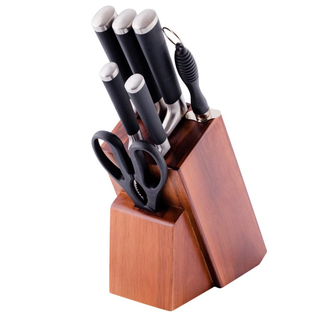 Fotografia para o produto Jogo de facas 7 pcs com cabo plastico com cepo de madeira acacia