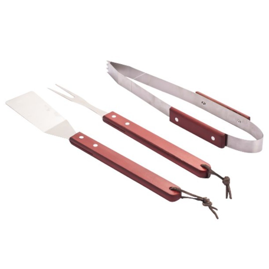 Fotografia para o produto Jogo para churrasco 3 peças (espátula, garfo, pegador) em aço inox com cabo em madeira
