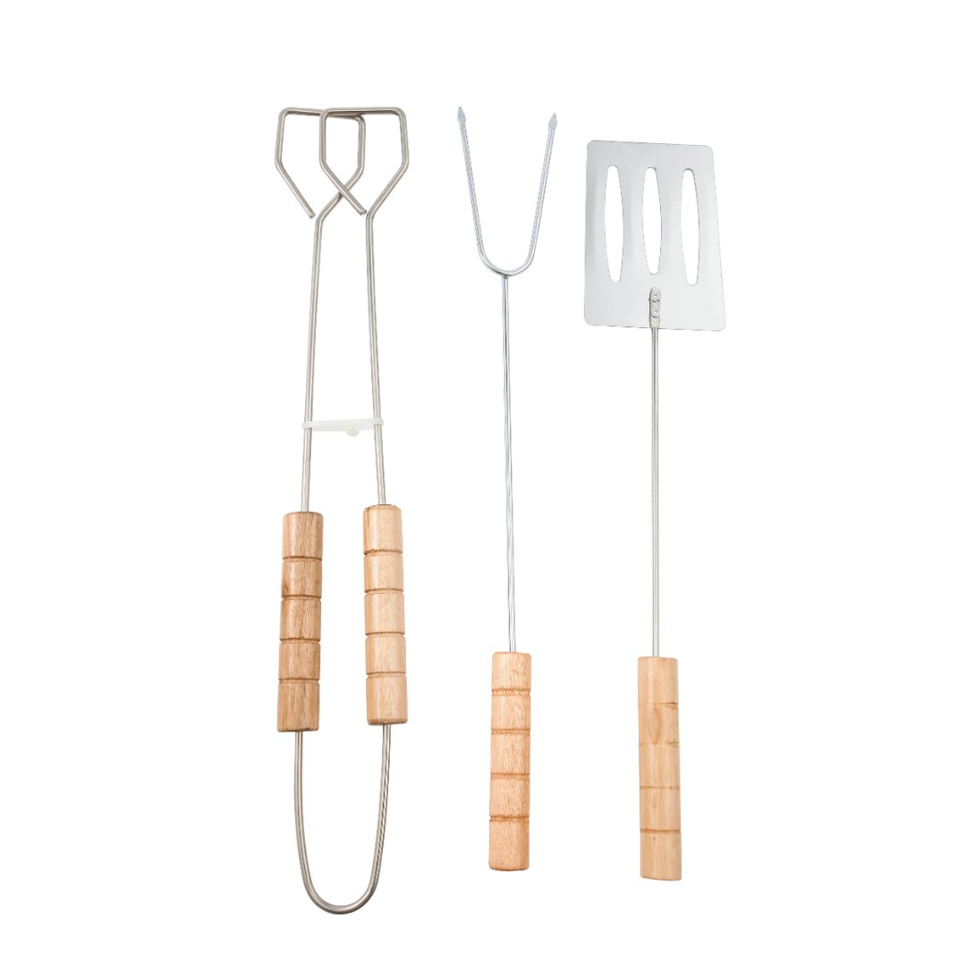 Fotografia para o produto Jogo para churrasco 3 peças (espátula, garfo, pegador) em aço inox com cabo em madeira