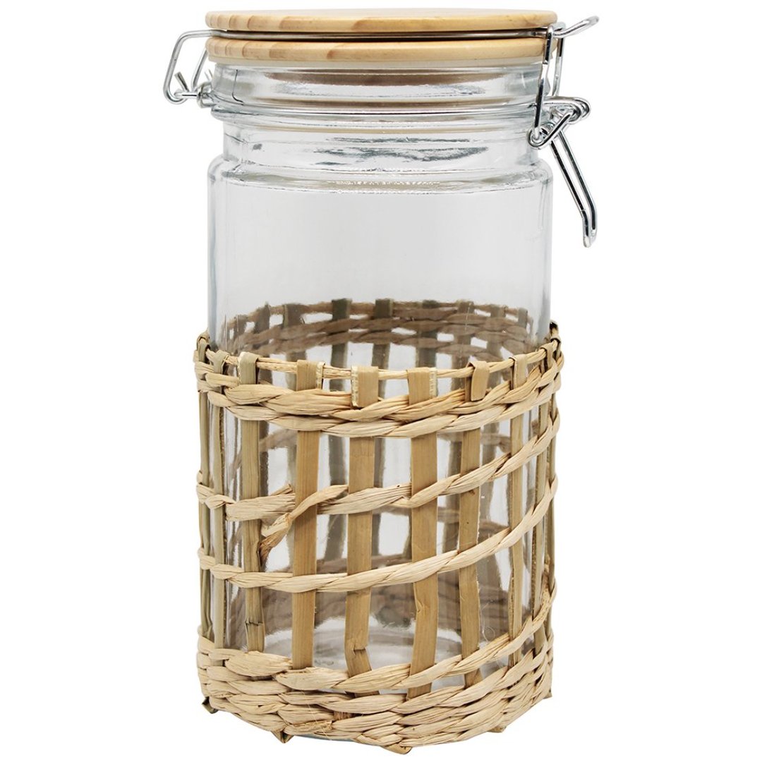 Imagem ilustrativa para Porta mantimento em vidro revest fibra natural tampa em bambu e trava 1,1L 10x10x20