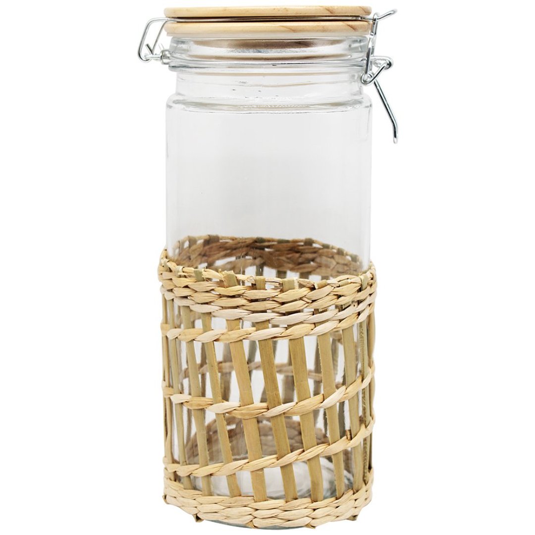 Imagem ilustrativa para Porta mantimento em vidro revest fibra natural tampa em bambu e trava 1,4L 10x10x25