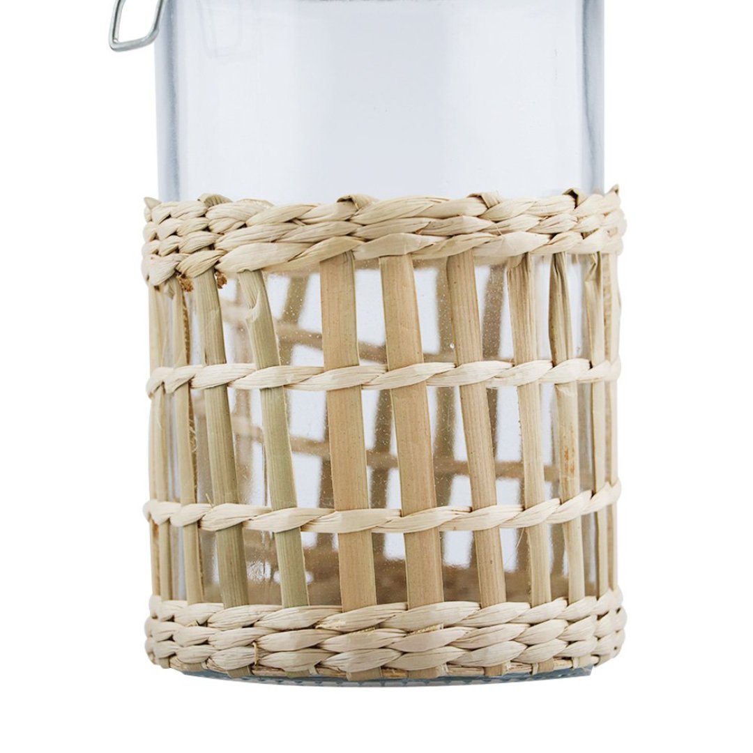 Fotografia para o produto Porta mantimento em vidro e revest de fibra sintética tampa em bambu e trava 1,2L 10x10x20