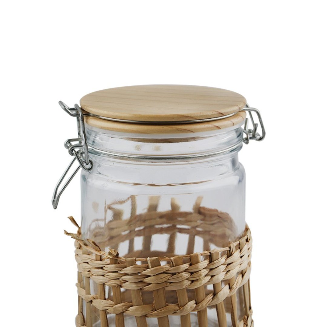 Fotografia para o produto Porta mantimento em vidro revest fibra sintética tampa em bambu e trava 750ml 10x10x14,5