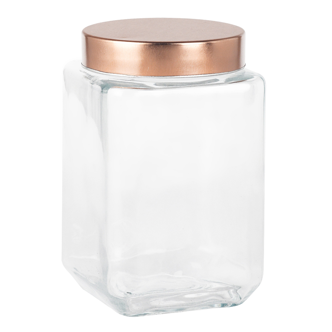 Fotografia para o produto Porta mantimento quadrado em vidro liso com tampa de metal cor cobre 1,6L L11xP11xA18cm