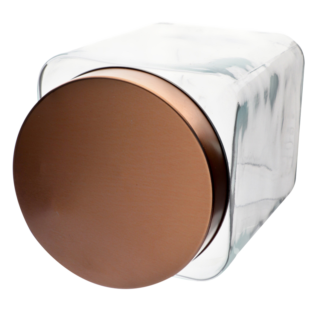 Fotografia para o produto Porta mantimento quadrado em vidro liso com tampa de metal cor cobre 1,6L L11xP11xA18cm