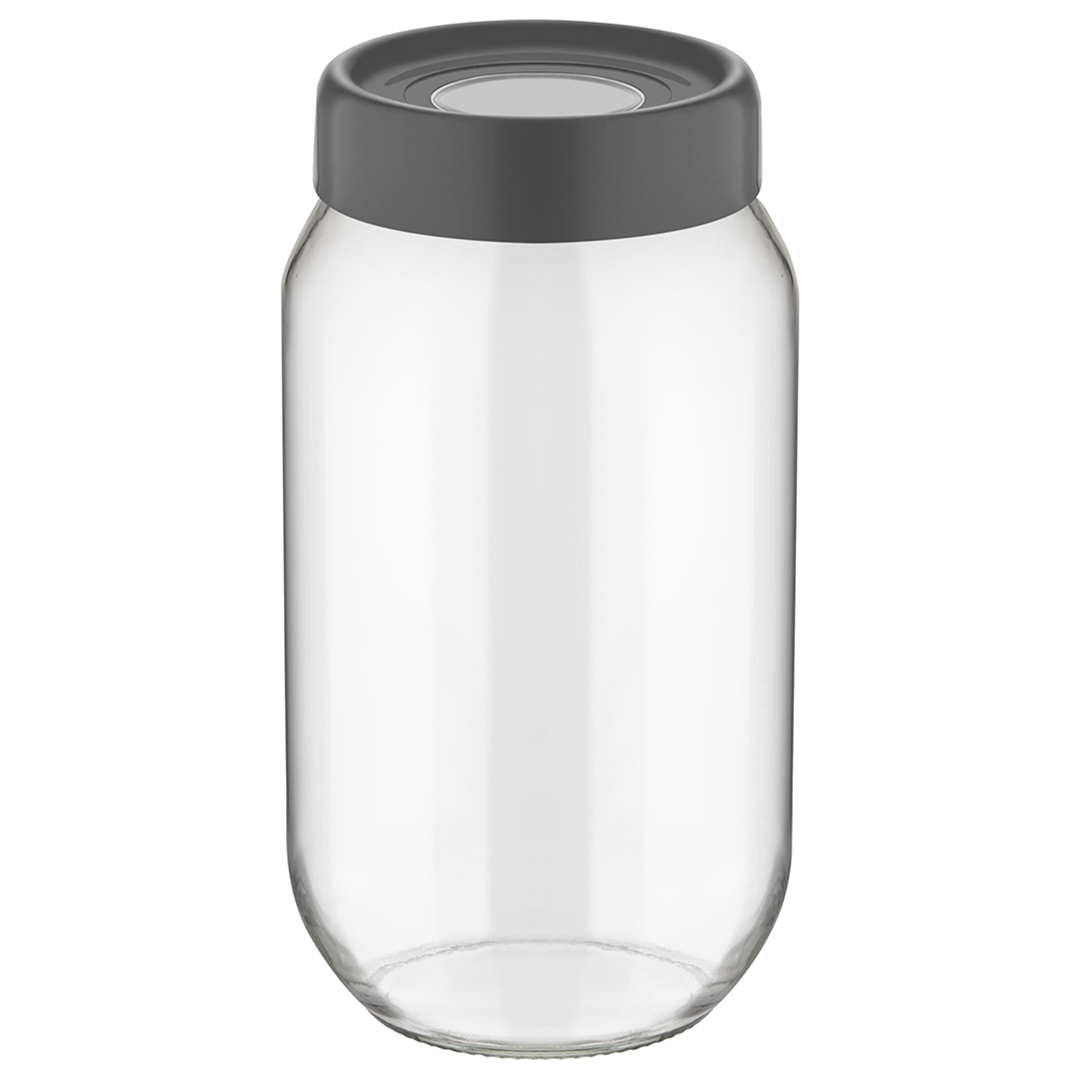 Fotografia para o produto Porta mantimento redondo em vidro com tampa em plástico cor cinza 1L Ø10xA20cm Fotografia para o produto Porta mantimento redondo em vidro com tampa em plástico cor cinza 1L Ø10xA20cm