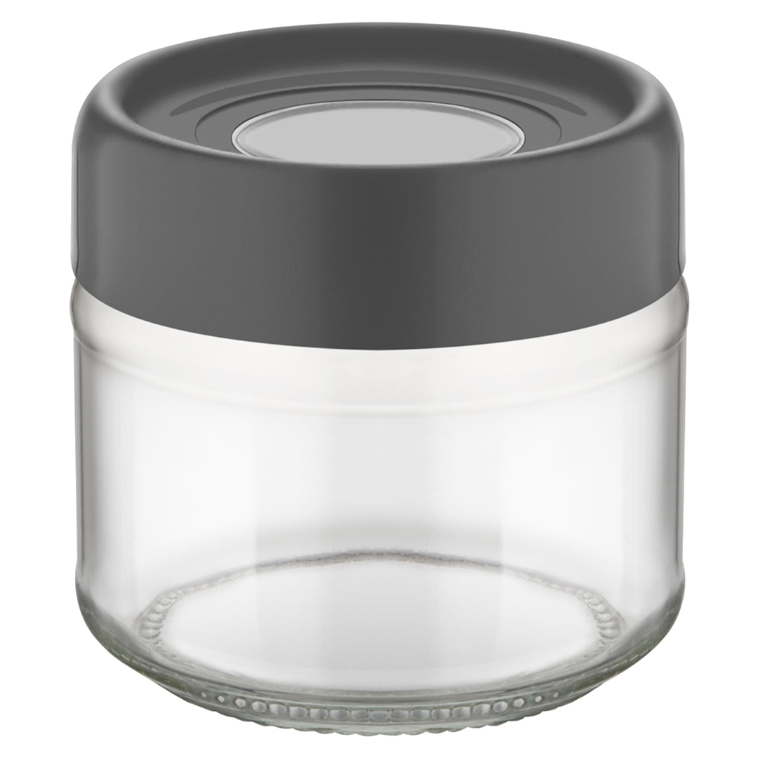 Fotografia para o produto Porta mantimento redondo em vidro com tampa em plástico cor cinza 300ml Ø9xA8cm Fotografia para o produto Porta mantimento redondo em vidro com tampa em plástico cor cinza 300ml Ø9xA8cm