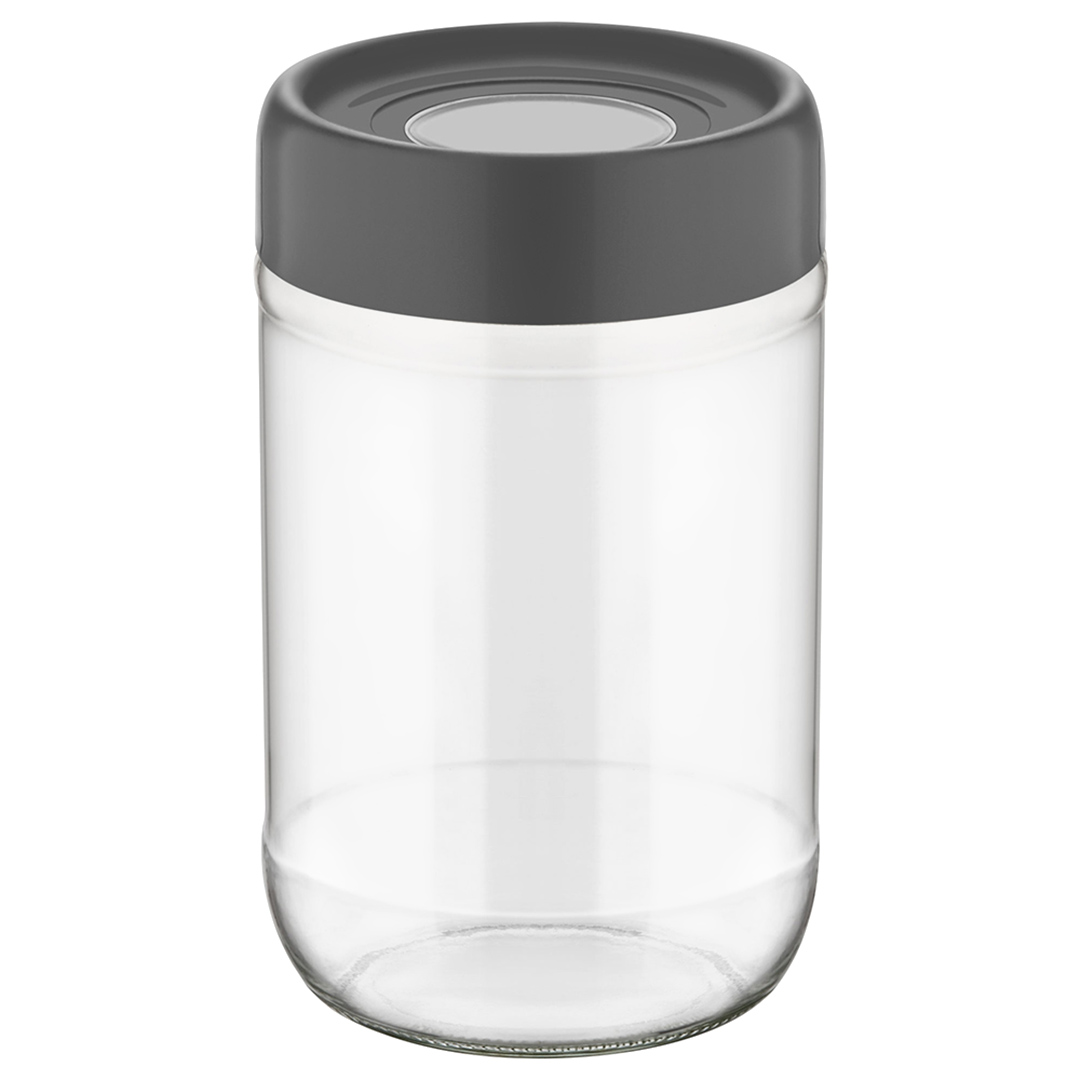 Fotografia para o produto Porta mantimento redondo em vidro com tampa em plástico cor cinza 660ml Ø9xA15cm Fotografia para o produto Porta mantimento redondo em vidro com tampa em plástico cor cinza 660ml Ø9xA15cm