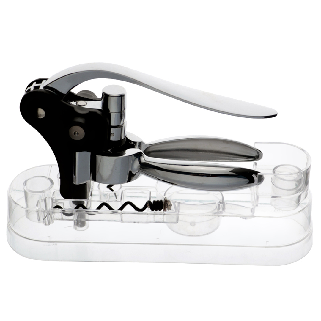 Fotografia para o produto Saca-rolhas em zamac com 2 acessórios e base acrílica L7xP23xA14cm